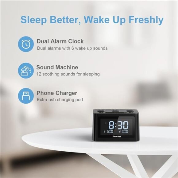 Dual Alarm Clock & Sleep Sound Machine, USB Charger, 12 Soothing Sounds - Picture 2 of 7